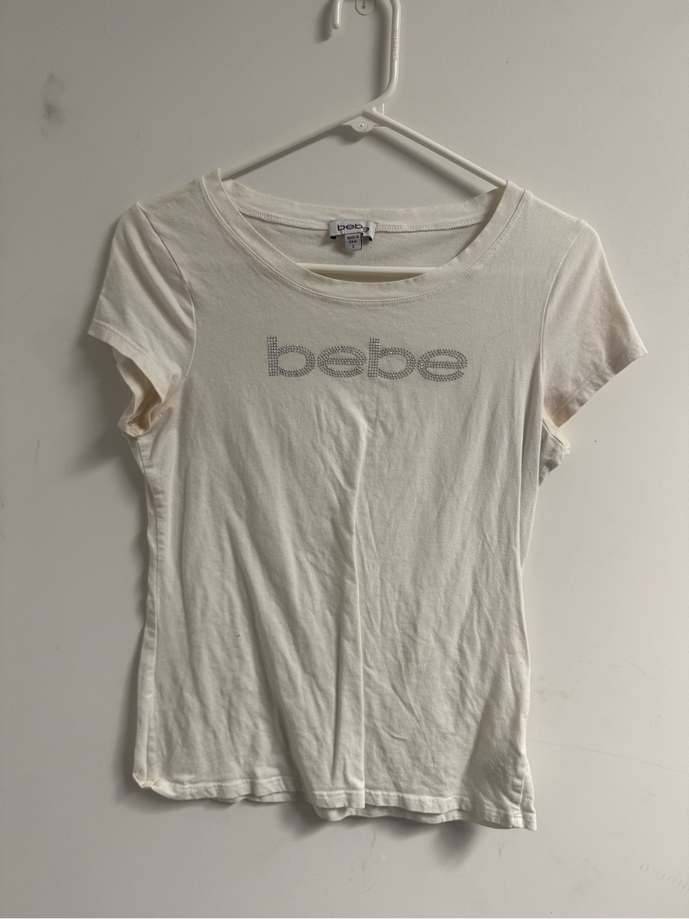bebe Cream Short Sleeve Logo Tee with Rhinestone Detail
